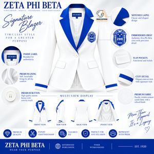 Blazer blanc pour femme de la sororité Zeta Phi Beta, vêtements grecs, bordure bleu roi, logo brodé, manches longues, col cranté - Product Image 5