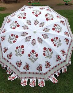Parasol rond en coton rose à motifs floraux, imprimé à la main, pour jardin, terrasse, protection solaire, style indien, avec structure en métal noir - Product Image 2