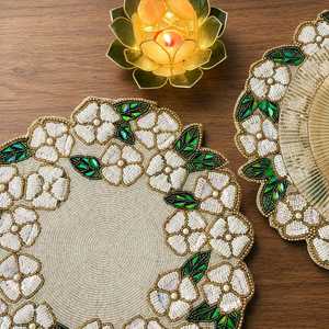 Pastel Floral Embroidered Knitted Round Polyester/Cotton Eco-Friendly Home & Hotel Use <b>Placemat</b> <b>Cream</b> Pink Gold Table Decor - Product Image 1