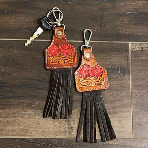 New Real Handcrafted Genuine Color Tooled <b>Leather</b> Cute Charming Tassel Keyrings Hot Sale Western Style Modern Floral Key Fobs - Product Image 5