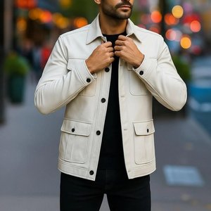 Veste décontractée en cuir de mouton blanc imperméable pour homme, col montant, fermeture éclair, vêtements de travail, vêtements d'hiver, fourrure de mouton - Product Image 5