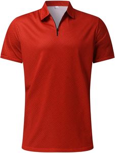 Men's Red Solid Quarter-Zip Embroidered Polo Shirt and Shorts <b>Set</b> Quick Dry <b>Knitted</b> Formal Summer Wear - Product Image 2