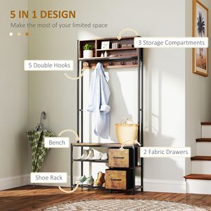 Panca da ingresso 5 in 1 con appendiabiti, 3 ripiani portaoggetti, 2 cassetti in tessuto - Mobile ingresso con contenitore per scarpe, marrone - Product Image 4