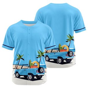 Custom Full Print <b>Baseball</b> Jersey Light Blue Summer Beach Truck Design Unisex Short Sleeve Button Closure Breathable Polyester - Product Image 3