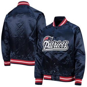 Blouson universitaire personnalisé en satin bleu marine pour homme, avec bordure contrastante rouge, style bomber, uniforme de baseball Letterman, vêtement de sport, vente en gros - Product Image 1