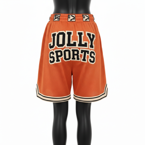 Pantalones Cortos de Baloncesto de Malla de Poliéster Premium de 160 GSM, Color Naranja, con Apliques de Chenille, Logotipo Personalizado y Bajo con Rayas - Product Image 2