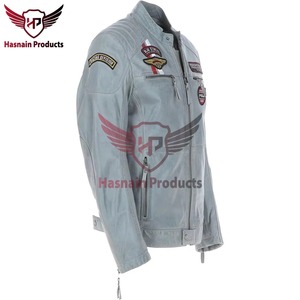 Chaqueta de cuero auténtico gris para hombre, estilo motero, con parches, bordado, insignias personalizadas, abrigo de invierno ajustado de piel de vaca - Product Image 2