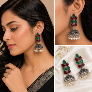 Boucles d'oreilles Jhumka en argent oxydé, perles antiques, style ethnique indien traditionnel pour femmes, MOQ disponible - Product Image 2