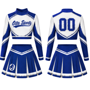 Ensemble uniforme de cheerleading sublimé bleu et blanc à manches longues avec jupe plissée – Tenue de sport d'équipe pour entraînement et performance – Personnalisable - Product Image 1