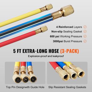 Set di manometri a 3 vie per climatizzatori con tubi da 1,5 m e connettori per refrigeranti R134A, R22, R12, R502, per rubinetto serbatoio Freon - Product Image 4