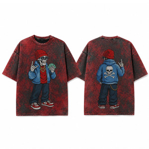 Custom <b>Men</b>’s Oversized Acid Wash <b>T</b>-<b>Shirt</b> Vintage <b>Red</b> Black Distressed Tee with Cartoon Skeleton Streetwear Graphic Print - Product Image 1