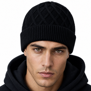 Gorro de punto trenzado con diamantes para hombre, negro, con dobladillo, cálido para invierno - Ropa de invierno premium - Product Image 2