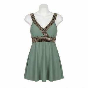 Women's Green Swimdress With Checkered Contrast Binding <b>Crossed</b> Halter Neckline And Skirt Bottom - Product Image 1