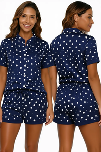 Ensemble de pyjama à manches courtes pour femmes, bleu marine à pois, avec col mandarin et fermeture à boutons, vêtements de nuit d'été - Product Image 1