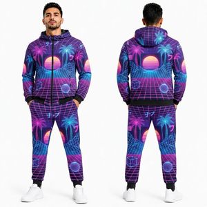 Purple Retro Synthwave Print Mens Sublimation Tracksuits Soft Touch Full <b>Zip</b> Active Set Polyester Sublimation Tracksuits - Product Image 1