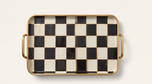Plateau de service rectangulaire en émail à motif damier avec finition dorée, idéal pour table basse, hôtel et restaurant (vente en gros) - Product Image 2
