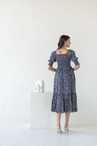 Robe midi à imprimé floral, col bijou, manches 3/4, coupe évasée, tissée, décontractée, pour femme, respirante, coupe ample, avec poches - Product Image 3