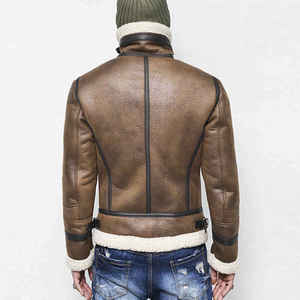 Blouson bomber en cuir véritable marron pour homme, doublé en sherpa, fermeture éclair, vêtement d'extérieur d'hiver, style moto décontracté - Product Image 3