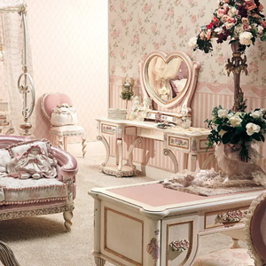 Elegant Romantic Solid Mahogany Dressing <b>Table</b> Heart <b>Mirror</b> Set Pink Floral Painted Vanity <b>Table</b> for Girls Bedroom Interior - Product Image 4