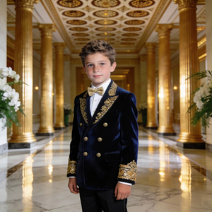 Traje de Fiesta Azul Marino de Terciopelo para Niños con Bordado Dorado |   Ropa Formal para Niños para Bodas y Ceremonias - Product Image 1