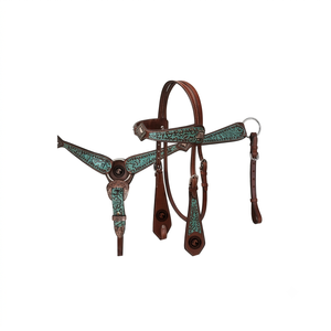 Manufacturer Handcrafted <b>Leather</b> Headstall & Breast Collar Set <b>Tooled</b> Design with Turquoise Accents Durable Western Horse Tack - Product Image 3