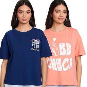 Camiseta de algodón elástica para mujer, corte holgado, cuello redondo, manga corta, paquete de 2 - Product Image 1