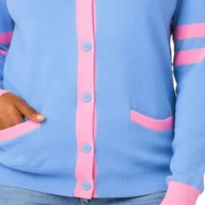 Women Blue Pink V Neck <b>Cardigan</b> Long Sleeve Button Down Knit Sweater Contrast Trim Striped Sleeves <b>with</b> <b>Pockets</b> Casual Fashion - Product Image 5