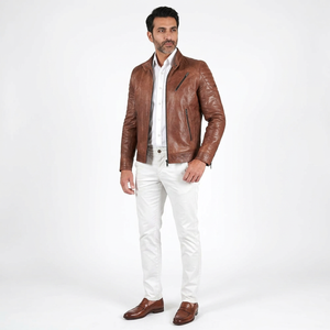 New Fashion Light <b>Brown</b> Washed Cotton Lining <b>Leather</b> <b>Jacket</b> Biker Street Casual Style Stand Collar High Quality <b>jacket</b> for <b>men</b> - Product Image 5