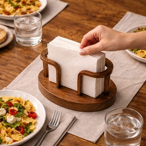 Porte-serviettes en bois avec base ronde et support incurvé vertical pour la décoration moderne de la table à manger et du comptoir de cuisine - Product Image 6