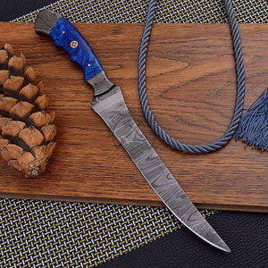มีดแล่เนื้อดามัสกัสรุ่นใหม่ยอดนิยม ใบมีด 8 นิ้ว ใช้ได้ทั้งมือซ้ายและขวา ผลิตตามสั่ง สำหรับล่าสัตว์ ตกปลา ใช้งานทั่วไป สำหรับเชฟ ด้ามจับเรซิ่นสีน้ำเงิน พร้อมบอสเทอร์เหล็ก - Product Image 5