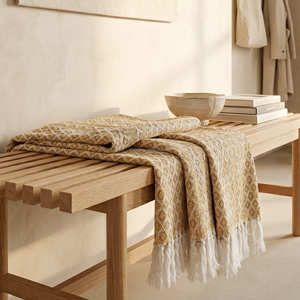 Manta de Cama Tejida de 125x150 cm, Color Marrón Tierra, con Bloques de Color, Diseño Costero a Rayas, de Algodón Rústico, Directo de Fábrica - Product Image 2