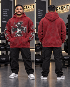 Sudadera con capucha roja lavada para hombre, diseño geométrico en la manga, estilo oversize, streetwear, forro polar grueso, personalizada - Product Image 2