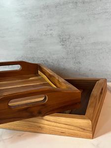 Grand plateau en teck avec poignées - Bois naturel vintage pour petit-déjeuner - Cadeau idéal - Plateau utilitaire en bois - Plateau de service en bois - Product Image 2