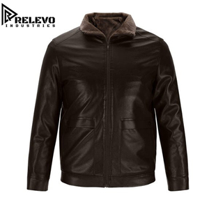 Manteau en similicuir marron foncé pour homme, veste d'hiver décontractée et chaude avec fermeture éclair sur le devant, col en fourrure douce et deux poches avant - Product Image 2