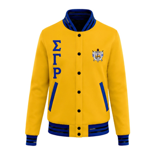 <b>Gold</b> and Royal Blue Varsity Letterman Jacket with Ribbed Collar Cuffs Snap Buttons and Embroidered Crest for Custom Teamwear <b>Top</b> - Product Image 1