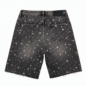 Short en jean Y2K personnalisé pour homme, style streetwear estival, délavé à l'acide, orné de strass en cristal, respirant - Product Image 2