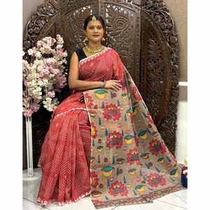DESIGNER LINEN BANDHEJ DIGITAL PRINT WORK <b>SAREE</b> WITH UNSTITCHED BOLUSE <b>RED</b> - Product Image 1