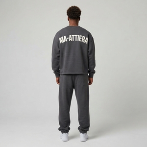 Men <b>Charcoal</b> Gray Crewneck Sweatshirt <b>Jogger</b> Set Oversized Graphic Print Casual Streetwear Matching Tracksuit Two Piece - Product Image 2