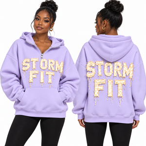 <b>Women</b> Light <b>Beige</b> Half Zip <b>Hoodie</b> Storm Fit Letter Applique Drop Shoulder Kangaroo Pocket Casual Fleece Streetwear Windproof - Product Image 5