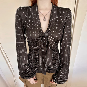 <b>Satin</b> Plain Dyed Solid Vintage Woven Breathable Eco-Friendly <b>Blouse</b> Long Sleeve with Front Bow Women Two Tone Daily Life Casual - Product Image 2