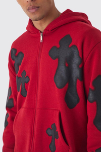 Sudadera con capucha de invierno para hombre, 100% algodón, de felpa, con cremallera completa, de secado rápido y transpirable, personalizada al por mayor, roja, para Halloween - Product Image 3