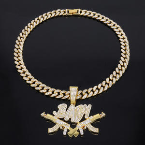 Pendentif pour homme en argent 925 plaqué or, avec pendentifs pistolets croisés et lettre bébé, style Hip Hop - Product Image 2