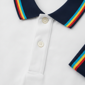 เสื้อโปโลผ้าฝ้ายสีขาวลายทางสีรุ้ง  รับทำโลโก้ตามสั่ง  ผู้ผลิต OEM ขายส่ง เสื้อแขนสั้นลำลอง - Product Image 6