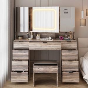 Large Makeup Vanity Table Set with 3 Opening LED-Lit Mirrors Full Storage Behind Mirror D Style Design - Product Image 3