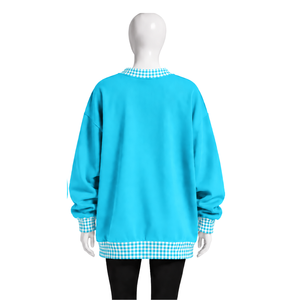 Sweat-shirt à col rond surdimensionné bleu ciel pour homme avec bordure à carreaux, manches longues, imprimé graphique, pull décontracté, streetwear tendance - Product Image 2