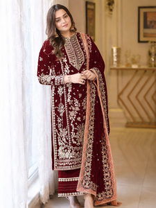 Women's Maroon Silk Salwar Kameez With <b>Gold</b> Embroidery Floor-Length Traditional Wedding Dress Ready-Made Party Wear - Product Image 6