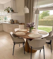 Table à manger moderne en bois massif, hauteur réglable, blanche, forme croissant, naturelle, pour le design, salon, hôtel, mobilier
