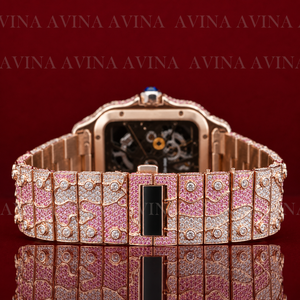 Iced Out Hip Hop Moissanite Diamond Skeleton <b>Automatic</b> Watch for Men | Full Pave Pink & White Stone Luxury Mechanical <b>Wristwatch</b> - Product Image 2