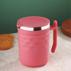 Premium stainless steel insulated coffee mug with textured geometric design <b>reusable</b> travel tea <b>cup</b> with handle lid - Product Image 3