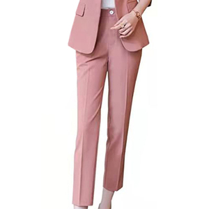 Ensemble tailleur rose pour femme, manches trois-quarts, col cranté, tenue de bureau formelle, couleur unie, mélange polyester-coton, infroissable - Product Image 5